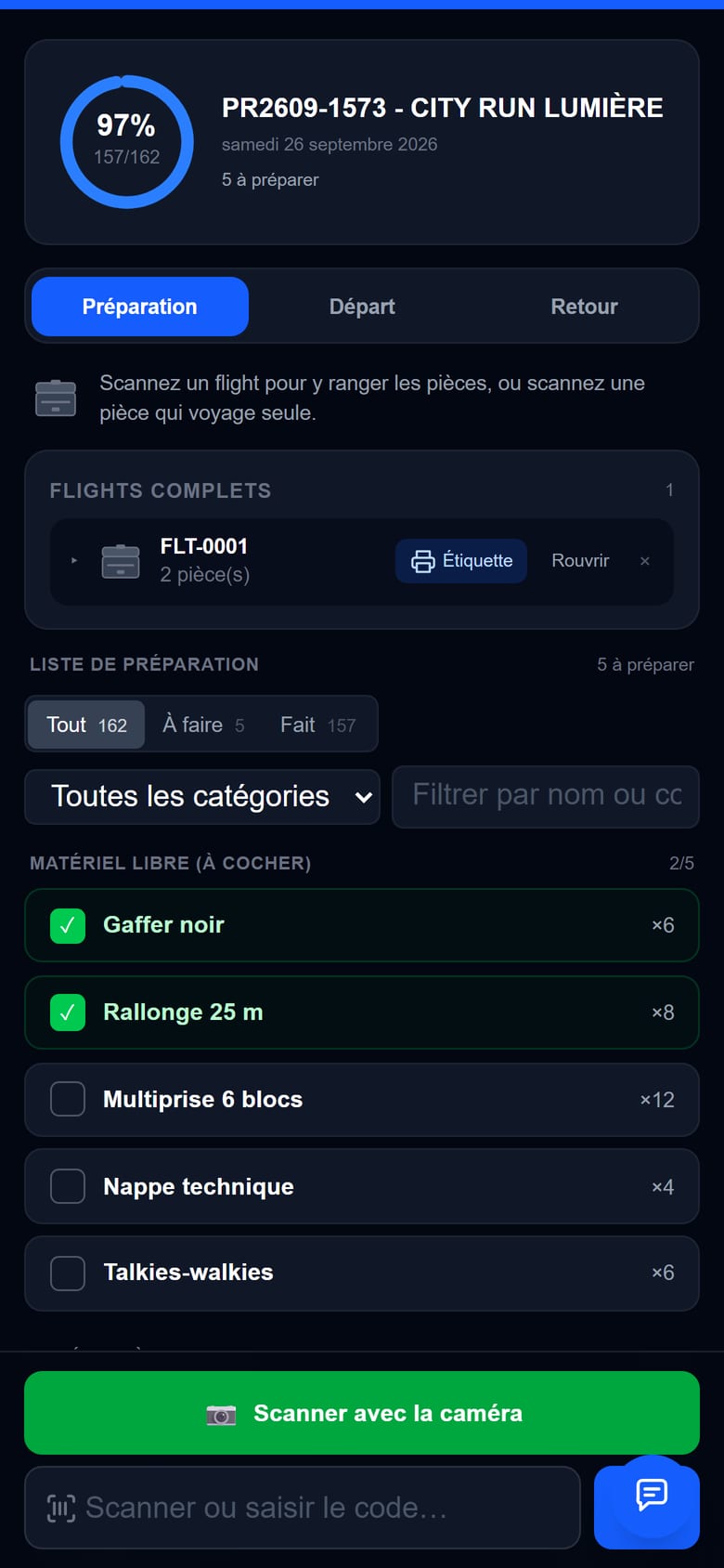 La page de préparation sur le téléphone